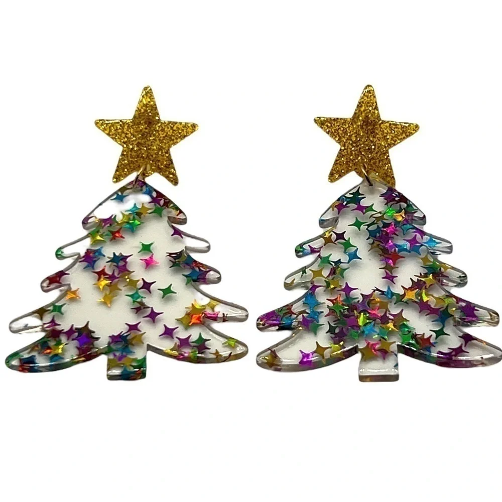 Clear Acrylic Christmas Tree Dangle Earrings Multicolored Stars Festive Jewelry
